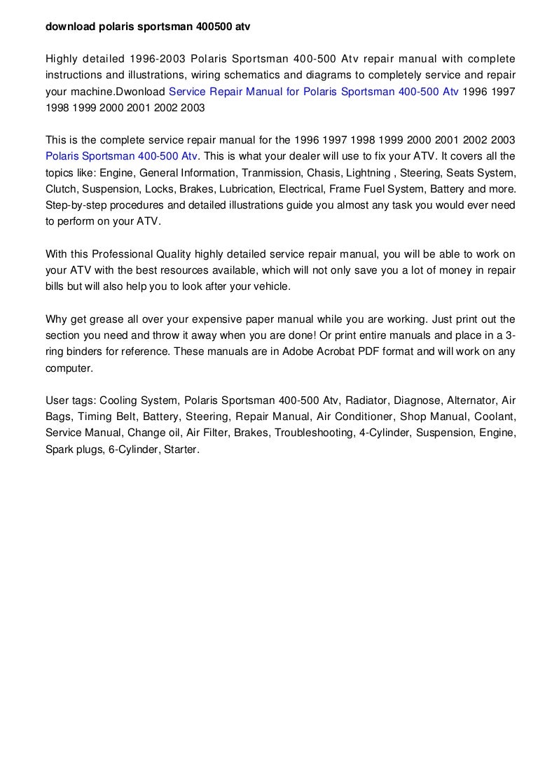 download polaris sportsman 400 500 atv 1996 2003 factory repair manual rh slideshare net 2000 polaris sportsman service manual pdf ...